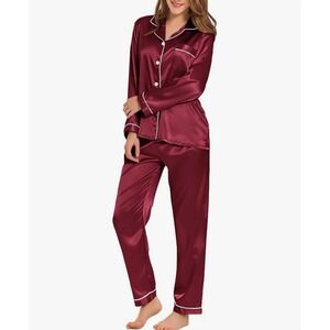 NEW Satin‎ Plus Size 2XL Burgundy Satin Pajama Set Long Sleeve Button Down